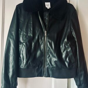 GAP Women's Black Faux Leather Jacket with Sherpa Collar